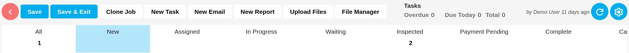 The VAS job toolbar: save, clone job, new task, new email, new report, upload files, file manager, and status counts